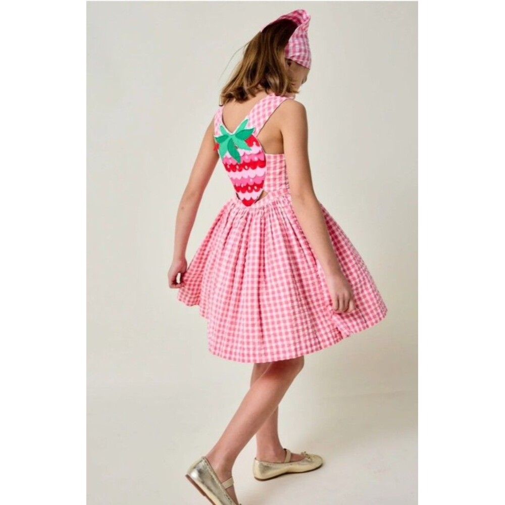 Mini Boden Girls Zadie Applique Back Dress Pink Gingham Strawberry Dress size8/9